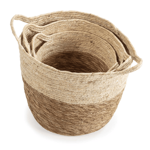 Conjunto de 3 cestos Brais em fibra natural com pegas, branconatural