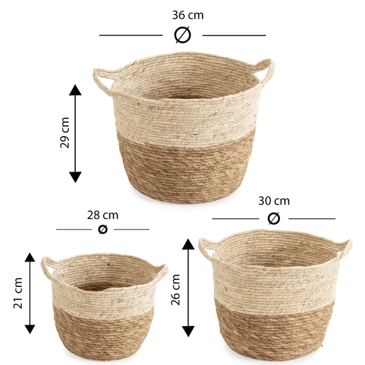 Conjunto de 3 cestos Brais em fibra natural com pegas, branconatural