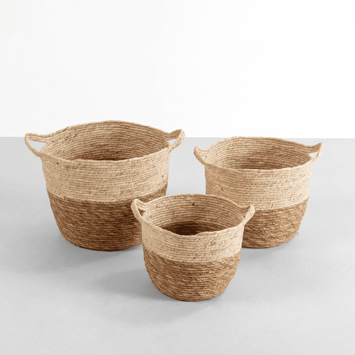 Conjunto de 3 cestos Brais em fibra natural com pegas, branconatural