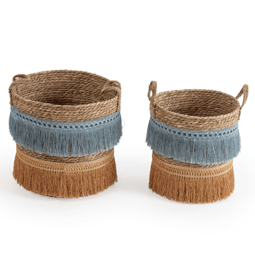 Conjunto de 2 cestos de fibra natural Indie com pegas, azullaranja