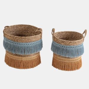 Conjunto de 2 cestos de fibra natural Indie com pegas, azullaranja
