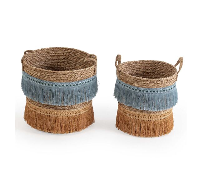 Set de 2 cestas indie de fibra natural con asas, azul/naranja