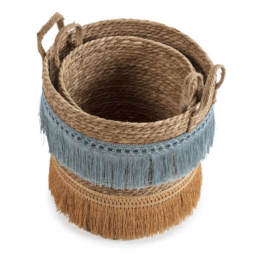 Conjunto de 2 cestos de fibra natural Indie com pegas, azullaranja