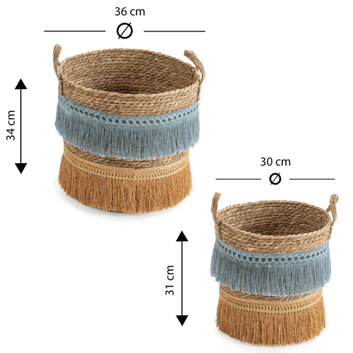 Conjunto de 2 cestos de fibra natural Indie com pegas, azullaranja