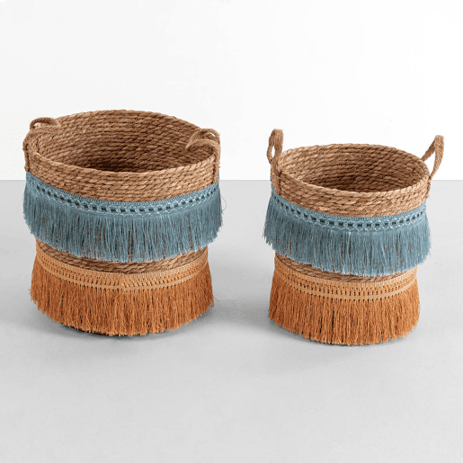 Conjunto de 2 cestos de fibra natural Indie com pegas, azullaranja