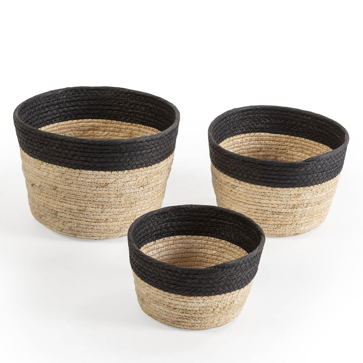 Set de 3 cestas nati de fibra natural y papel, negro/beige