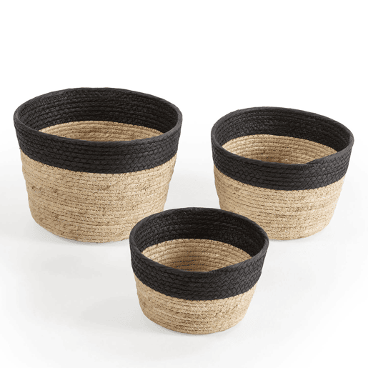 Conjunto de 3 cestos Nati em fibra natural e papel, pretobege