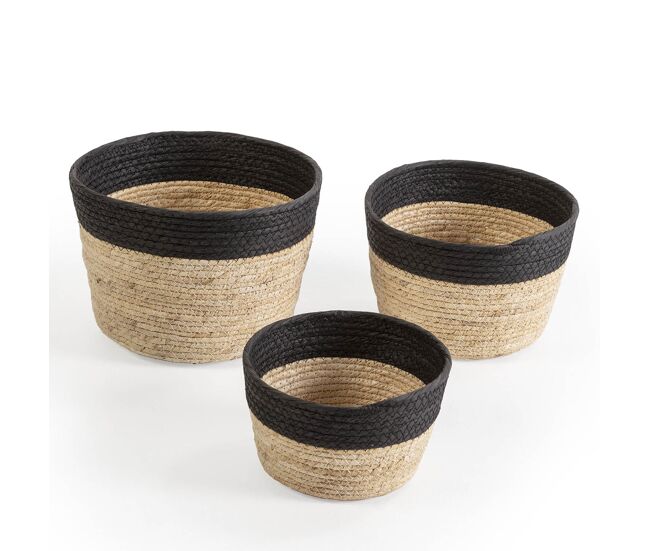 Set de 3 cestas nati de fibra natural y papel, negro/beige