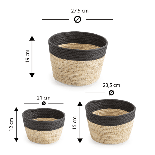 Conjunto de 3 cestos Nati em fibra natural e papel, pretobege