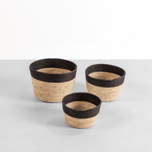Conjunto de 3 cestos Nati em fibra natural e papel, pretobege