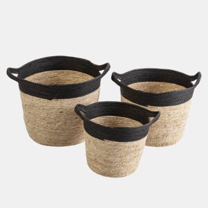 Conjunto de 3 cestos Otilia em fibra natural e papel, pretobege com pegas