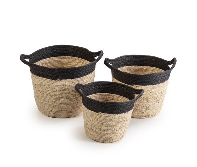 Set de 3 cestas otilia de fibra natural y papel, negro/beige con asas