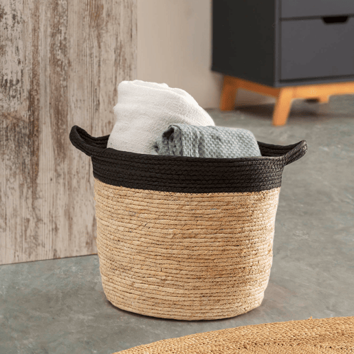 Conjunto de 3 cestos Otilia em fibra natural e papel, pretobege com pegas