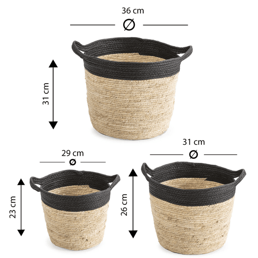Conjunto de 3 cestos Otilia em fibra natural e papel, pretobege com pegas
