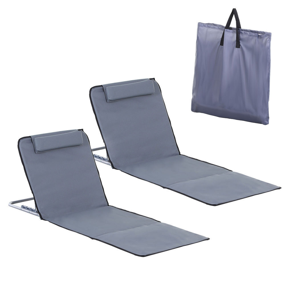Outsunny conjunto de 2 esterillas de playa plegable esterillas con respaldo reclinable en 5 niveles reposacabezas y bolsa de transporte 134x48x33-43 cm gris