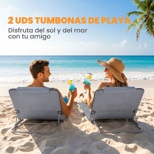 Outsunny Conjunto de 2 esteiras de praia com encosto reclinável em 5 níveis, bolsa de transporte e apoio de cabeça 48x134x33-43 cm cinza