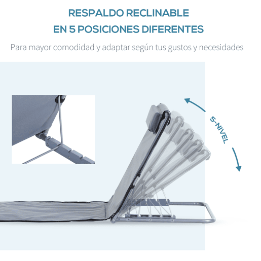 Outsunny Conjunto de 2 esteiras de praia com encosto reclinável em 5 níveis, bolsa de transporte e apoio de cabeça 48x134x33-43 cm cinza