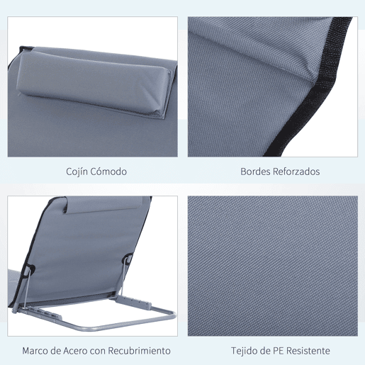 Outsunny Conjunto de 2 esteiras de praia com encosto reclinável em 5 níveis, bolsa de transporte e apoio de cabeça 48x134x33-43 cm cinza