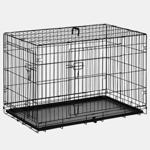 PawHut Jaula Dobrável para Cães de Médio e Grande Porte com 2 Portas, Tabuleiro Removível, Pega e Estrutura de Aço 90x57,5x62 cm Preta