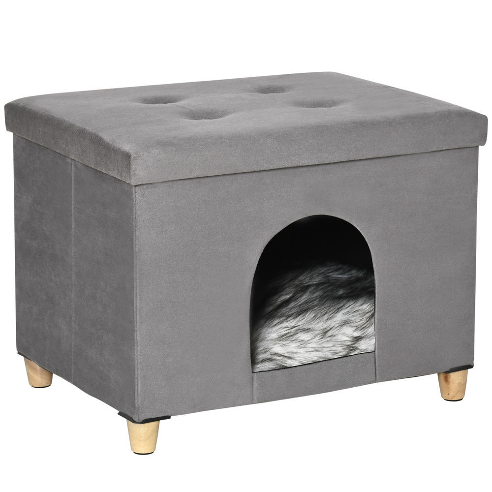 Pawhut cueva para gatos 2 en 1 taburete reposapiés con tapa extraíble orificio de entrada cojín lavable y patas elevadas de madera para interior 60x45x44,5 cm gris
