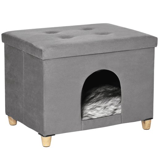 PawHut Caverna para Gatos 2 em 1 Banco para Apoio dos Pés com Tampa Removível Orifício de Entrada Almofada Lavável e Pés Elevados de Madeira para Interior 60x45x44,5cm Cinza