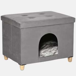PawHut Caverna para Gatos 2 em 1 Banco para Apoio dos Pés com Tampa Removível Orifício de Entrada Almofada Lavável e Pés Elevados de Madeira para Interior 60x45x44,5cm Cinza