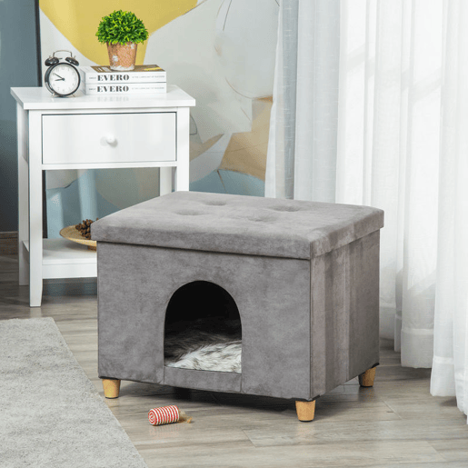 PawHut Caverna para Gatos 2 em 1 Banco para Apoio dos Pés com Tampa Removível Orifício de Entrada Almofada Lavável e Pés Elevados de Madeira para Interior 60x45x44,5cm Cinza