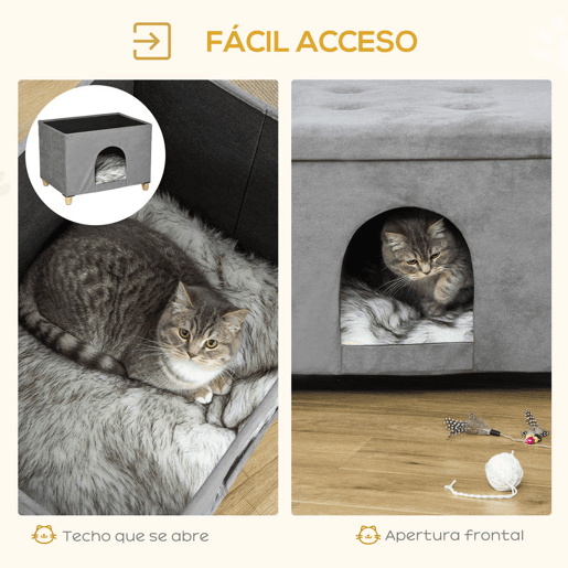 PawHut Caverna para Gatos 2 em 1 Banco para Apoio dos Pés com Tampa Removível Orifício de Entrada Almofada Lavável e Pés Elevados de Madeira para Interior 60x45x44,5cm Cinza