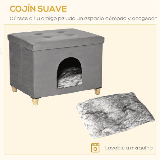 PawHut Caverna para Gatos 2 em 1 Banco para Apoio dos Pés com Tampa Removível Orifício de Entrada Almofada Lavável e Pés Elevados de Madeira para Interior 60x45x44,5cm Cinza
