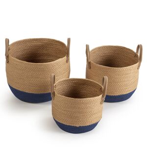 Conjunto de 3 cestos Tecla em fibra natural com pegas, azulnatural