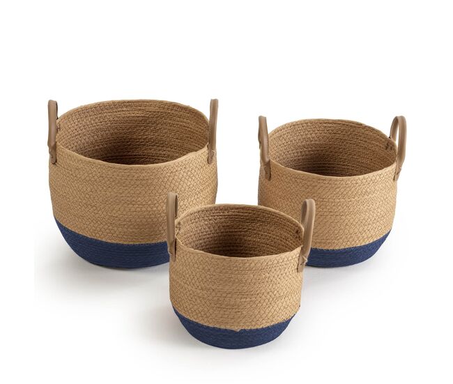 Set de 3 cestas tecla de fibra natural con asas, azul/natural