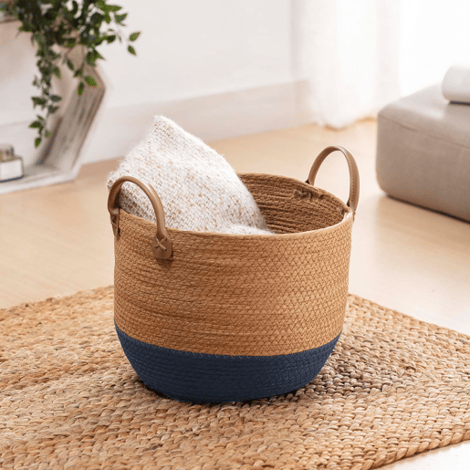 Conjunto de 3 cestos Tecla em fibra natural com pegas, azulnatural