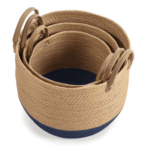 Conjunto de 3 cestos Tecla em fibra natural com pegas, azulnatural