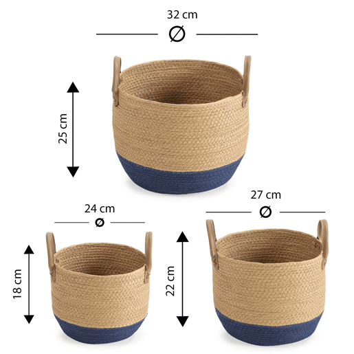 Conjunto de 3 cestos Tecla em fibra natural com pegas, azulnatural