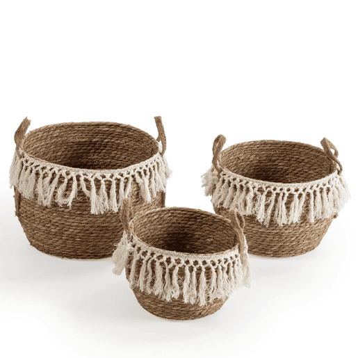 Conjunto de 3 cestos Jula em fibra natural com pegas, branconatural