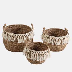 Conjunto de 3 cestos Jula em fibra natural com pegas, branconatural
