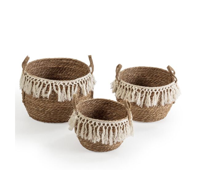 Set de 3 cestas jula de fibra natural con asas, blanco/natural