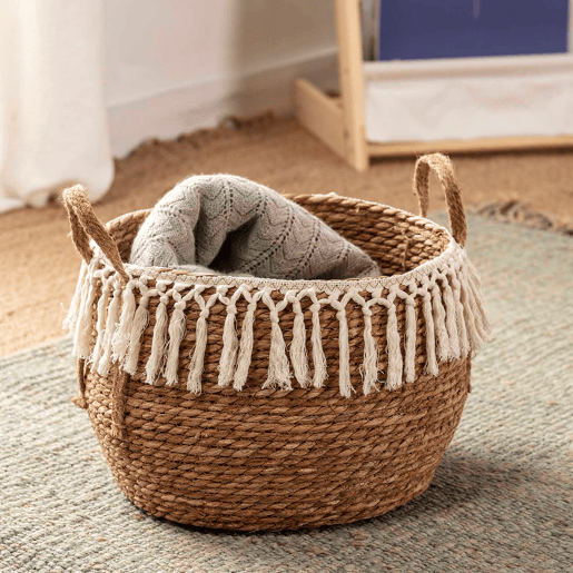 Conjunto de 3 cestos Jula em fibra natural com pegas, branconatural