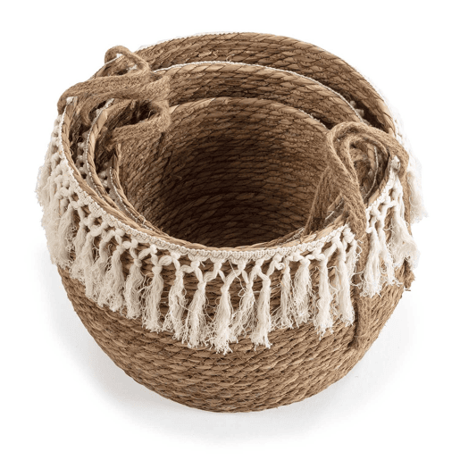 Conjunto de 3 cestos Jula em fibra natural com pegas, branconatural