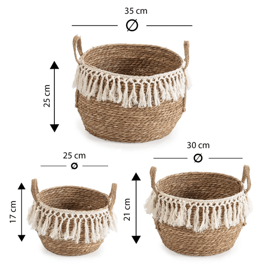 Conjunto de 3 cestos Jula em fibra natural com pegas, branconatural