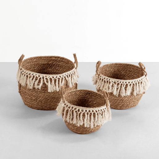 Conjunto de 3 cestos Jula em fibra natural com pegas, branconatural