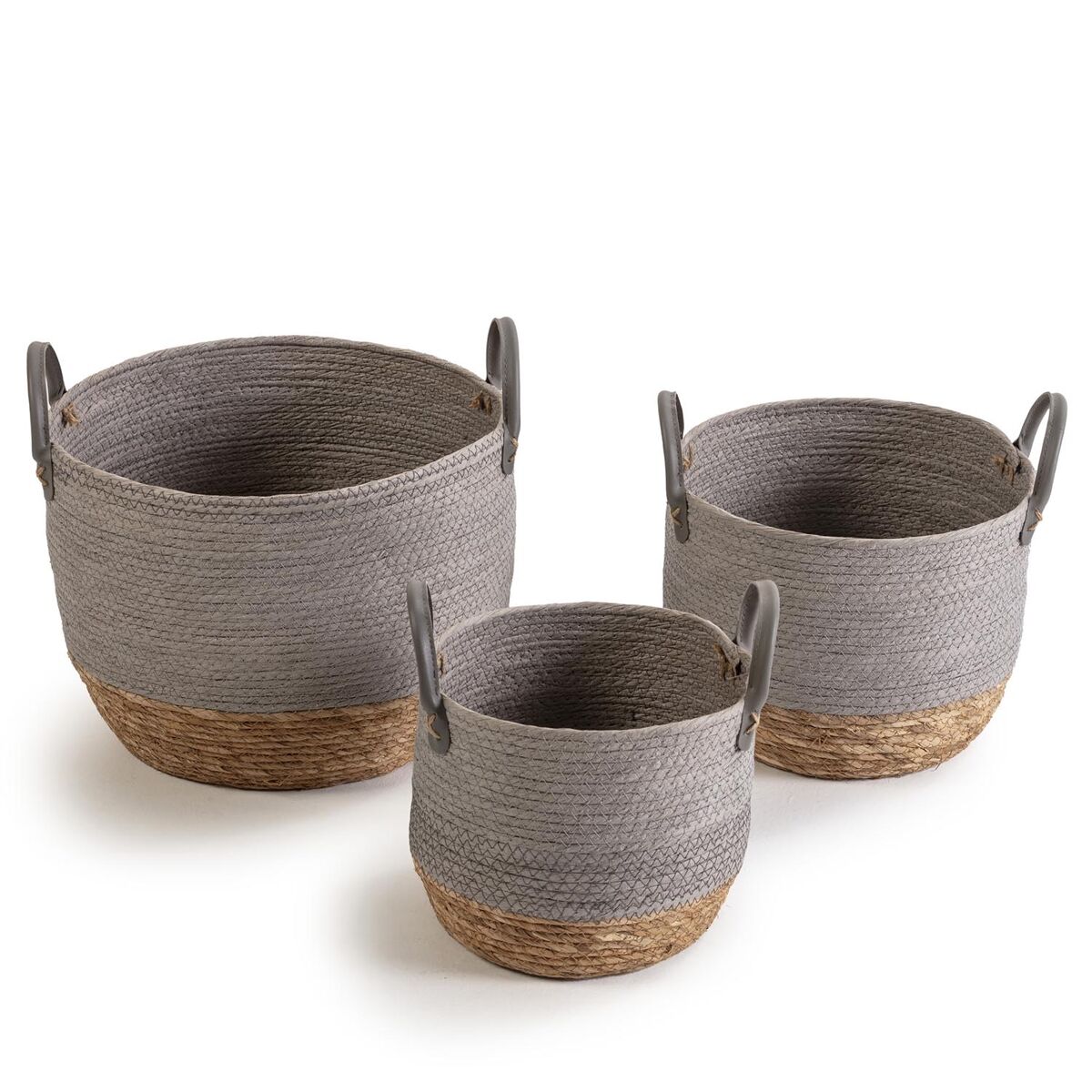 Set de 3 cestas neves de fibra natural y papel, gris/natural