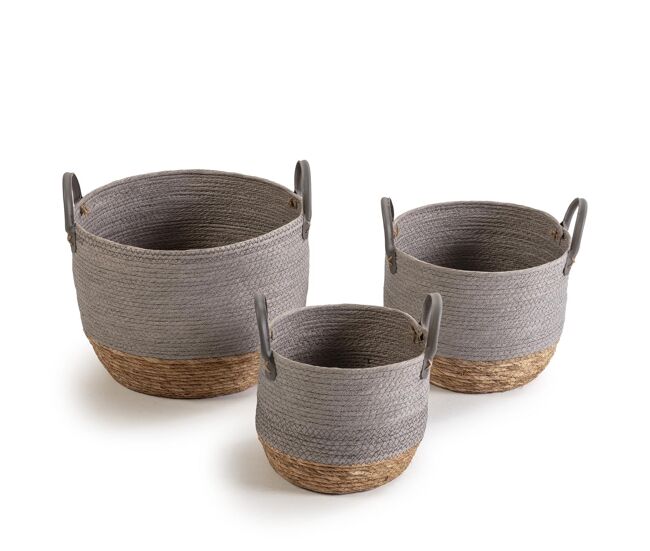 Set de 3 cestas neves de fibra natural y papel, gris/natural