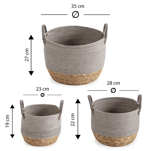 Conjunto de 3 cestos Neves em fibra natural e papel, cinzentonatural