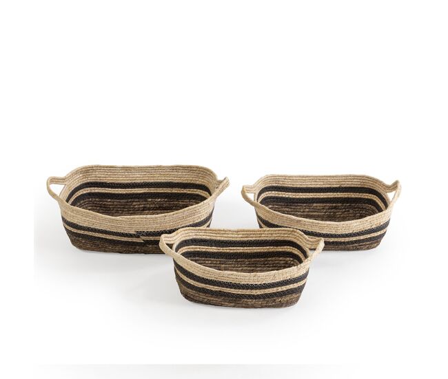 Set de 3 cestas luar de fibra natural y papel, marrón/beige con asas
