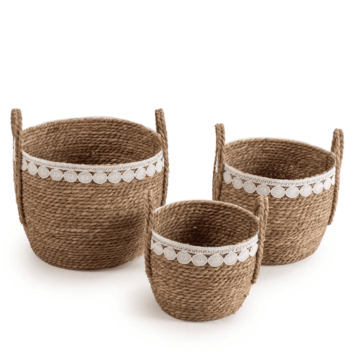 Conjunto de 3 cestos de fibra natural Yasmina com pegas, branconatural