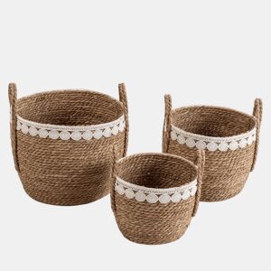 Conjunto de 3 cestos de fibra natural Yasmina com pegas, branconatural