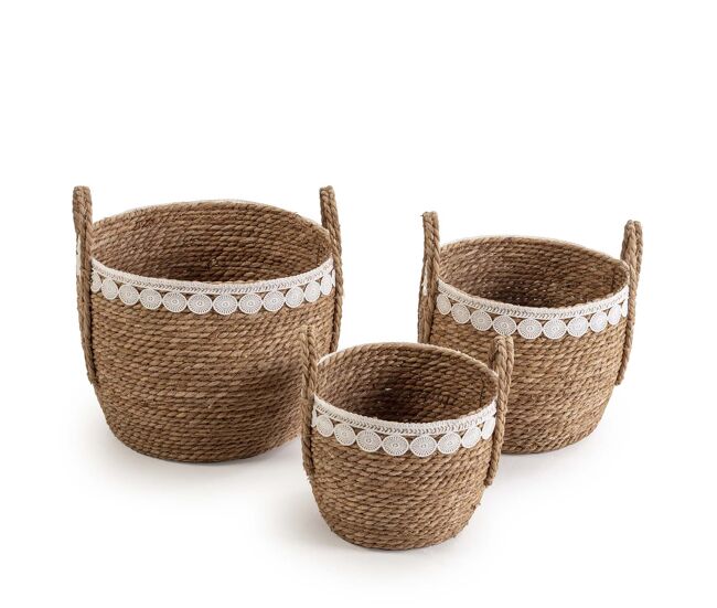 Set de 3 cestas yasmina de fibra natural con asas, blanco/natural