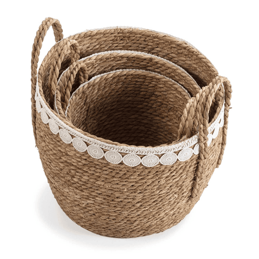 Conjunto de 3 cestos de fibra natural Yasmina com pegas, branconatural