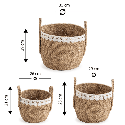 Conjunto de 3 cestos de fibra natural Yasmina com pegas, branconatural